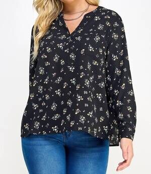 NEW HAUTE FOX floral print pop-over blouse in black